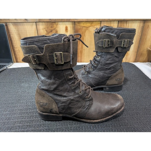 UGG Boots Womens Size 10 Brown Leather Lace Up Combat Mid Calf Buckle 1007672 - Picture 2 of 9